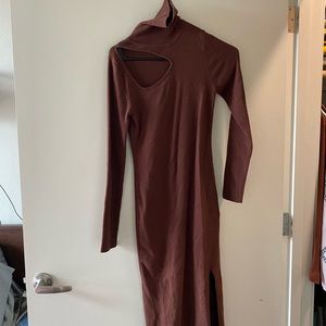 Brown turtleneck long sleeve dress with keyhole cutout on top right shoulder OBO